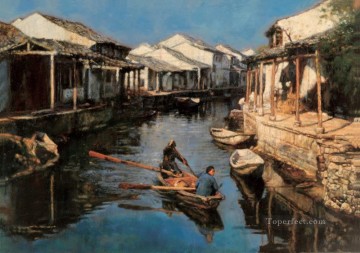 Chino Painting - Remos de inmersión del paisaje chino de la ciudad natal de Shanshui